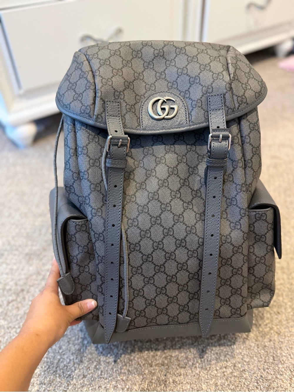 Gucci Gray GG Monogram Backpack with Double Strap Detail